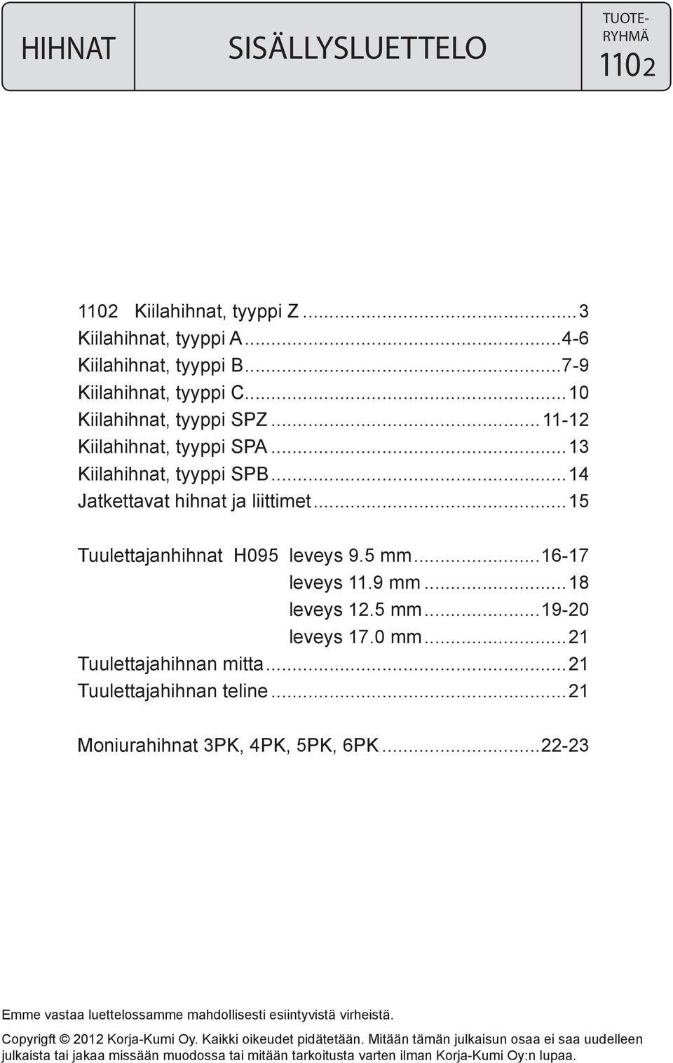 mm...21 Tuulettajahihnan mitta...21 Tuulettajahihnan teline...21 Moniurahihnat 3PK, 4PK, 5PK, 6PK...22-23 Emme vastaa luettelossamme mahdollisesti esiintyvistä virheistä.