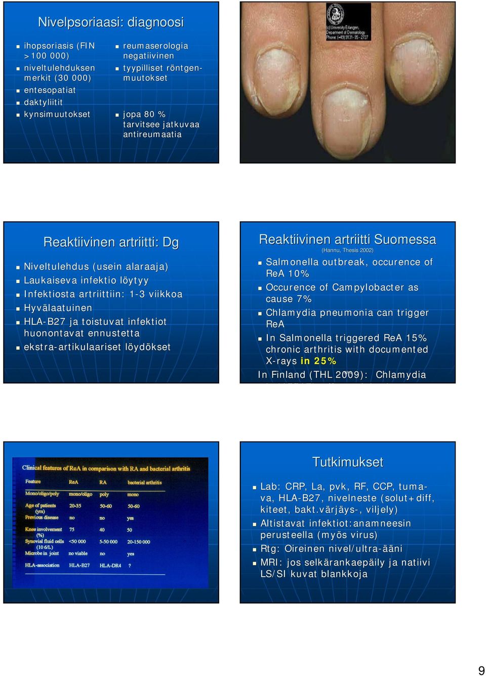 Suomessa (Hannu, Thesis 2002) Salmonella outbreak, occurence of ReA 10% Occurence of Campylobacter as cause 7% Chlamydia pneumonia can trigger ReA In Salmonella triggered ReA 15% chronic arthritis