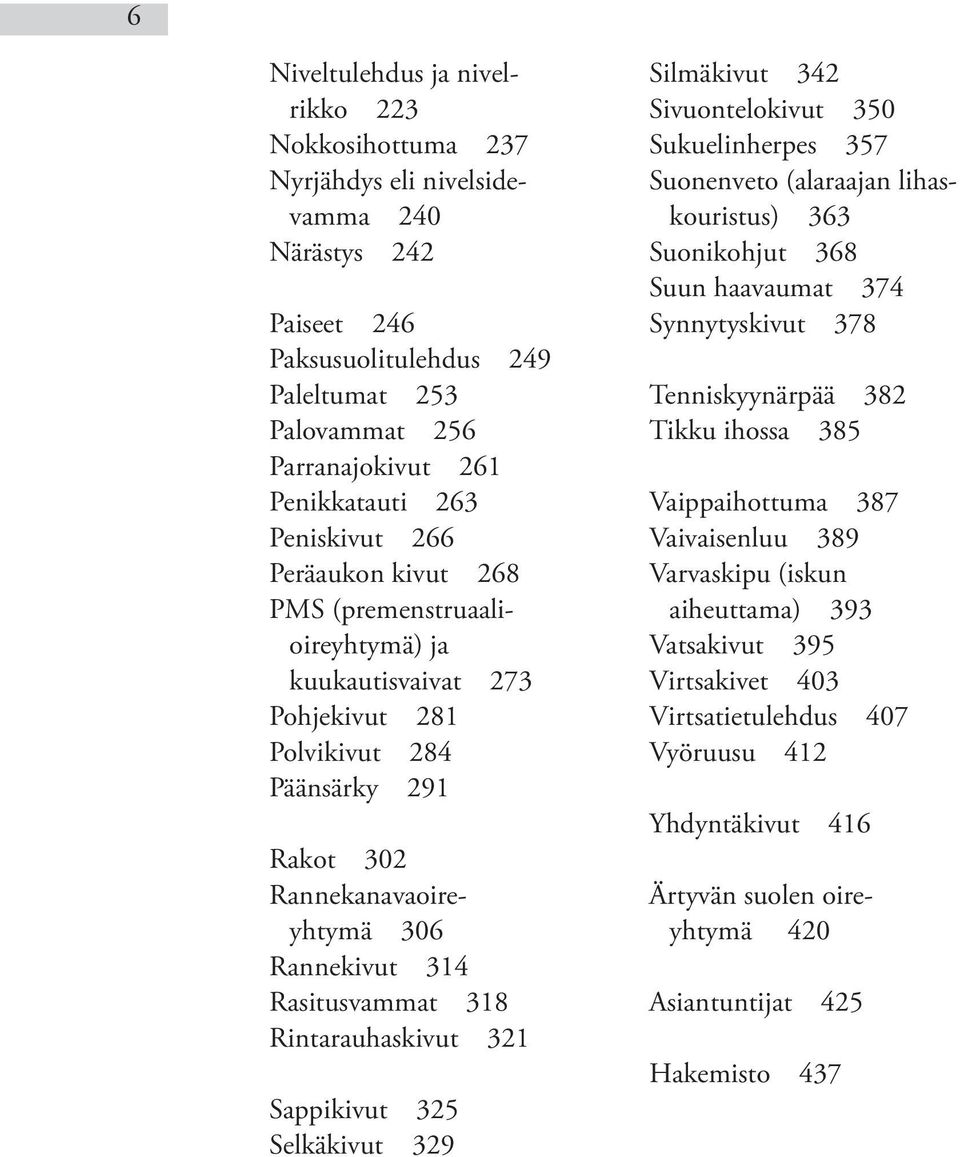 318 Rintarauhaskivut 321 Sappikivut 325 Selkäkivut 329 Silmäkivut 342 Sivuontelokivut 350 Sukuelinherpes 357 Suonenveto (alaraajan lihaskouristus) 363 Suonikohjut 368 Suun haavaumat 374 Synnytyskivut