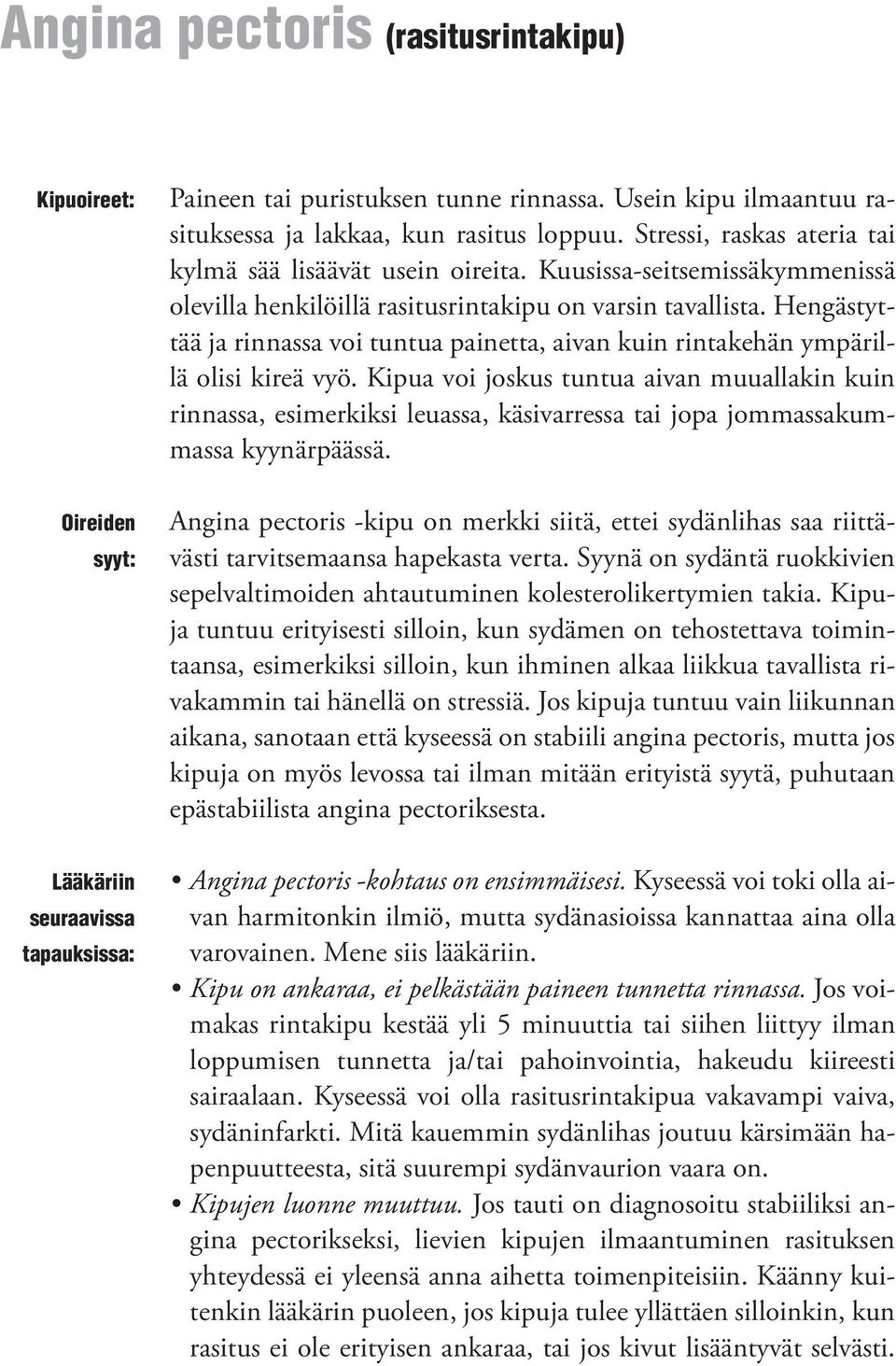 Kuusissa-seitsemissäkymmenissä olevilla henkilöillä rasitusrintakipu on varsin tavallista. Hengästyttää ja rinnassa voi tuntua painetta, aivan kuin rintakehän ympärillä olisi kireä vyö.