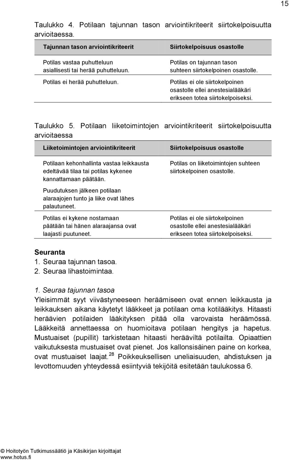 Potilas ei ole siirtokelpoinen osastolle ellei anestesialääkäri erikseen totea siirtokelpoiseksi. Taulukko 5.