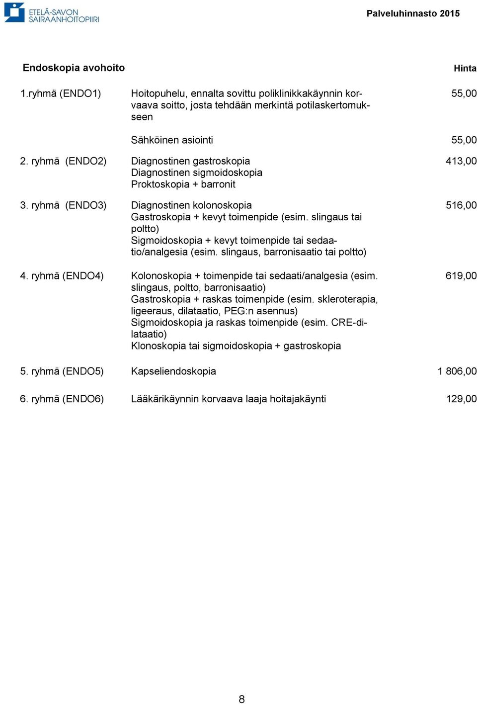 slingaus tai poltto) Sigmoidoskopia + kevyt toimenpide tai sedaatio/analgesia (esim. slingaus, barronisaatio tai poltto) 4. ryhmä (ENDO4) Kolonoskopia + toimenpide tai sedaati/analgesia (esim.