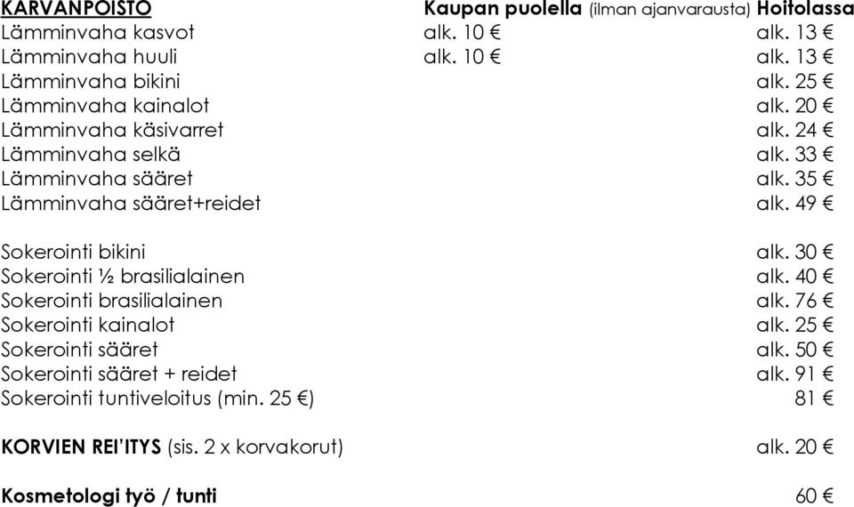 49 Sokerointi bikini alk. 30 Sokerointi ½ brasilialainen alk. 40 Sokerointi brasilialainen alk. 76 Sokerointi kainalot alk. 25 Sokerointi sääret alk.