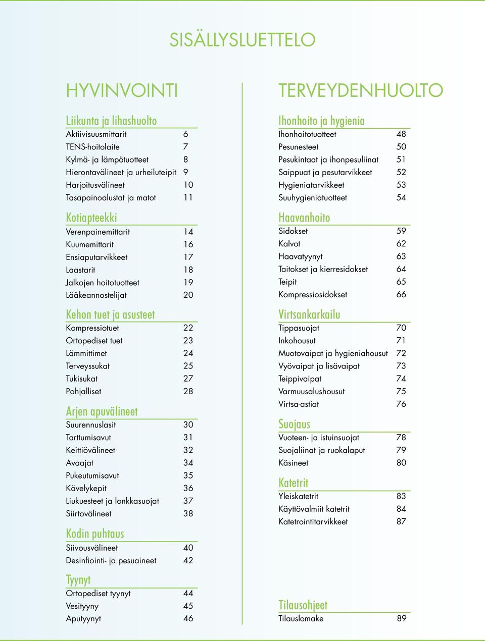 23 Lämmittimet 24 Terveyssukat 25 Tukisukat 27 Pohjalliset 28 Arjen apuvälineet Suurennuslasit 30 Tarttumisavut 31 Keittiövälineet 32 Avaajat 34 Pukeutumisavut 35 Kävelykepit 36 Liukuesteet ja