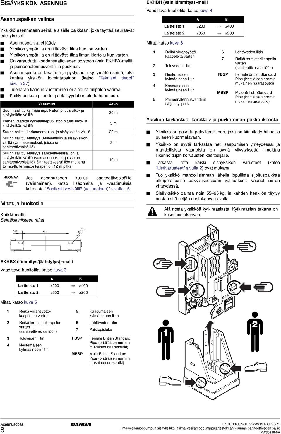 On varauduttu kondensaatioveden poistoon (vain EKHBX-mallit) ja paineenalennusventtiilin puskuun.