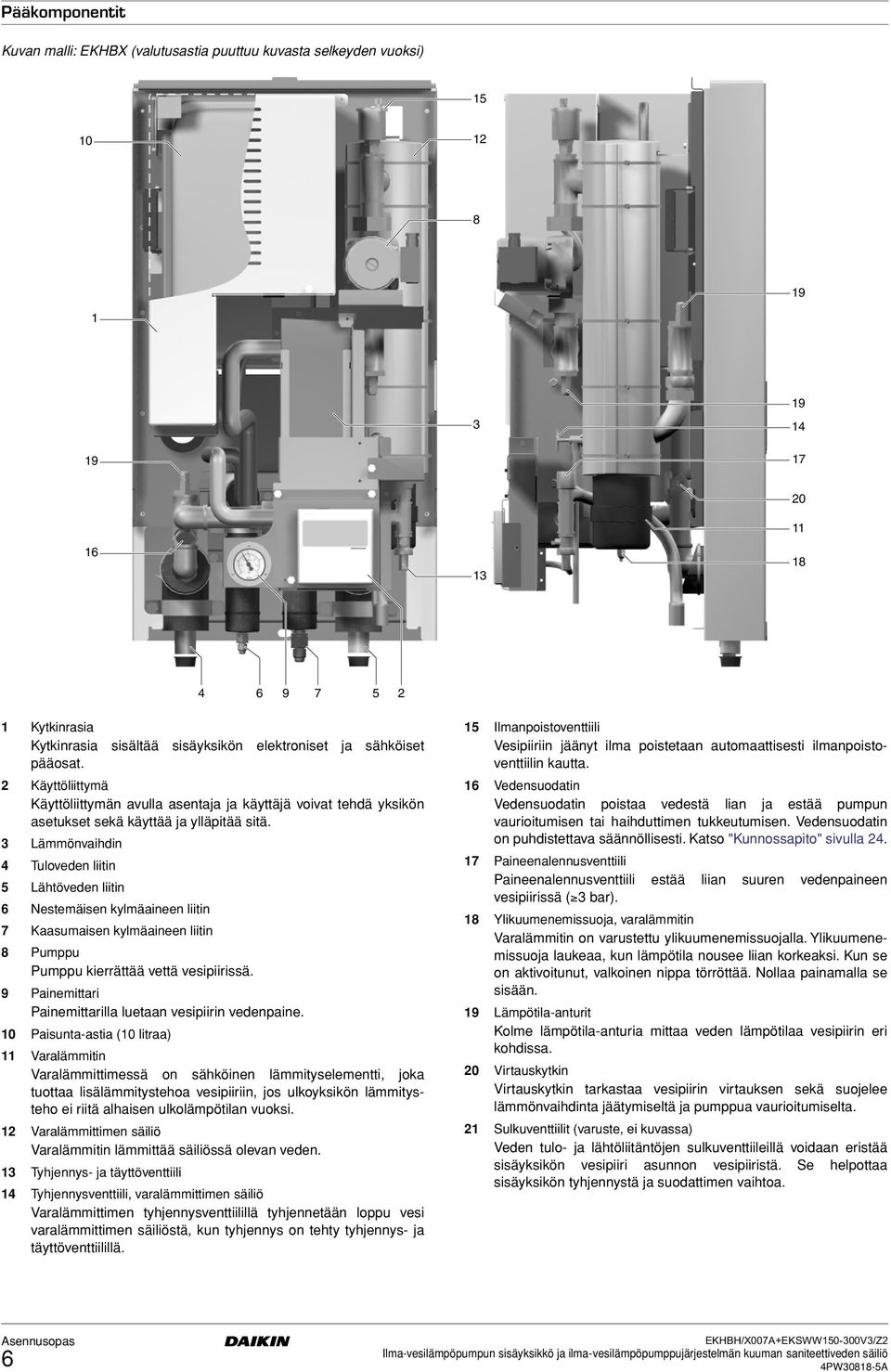 Lämmönvaihdin Tuloveden liitin 5 Lähtöveden liitin 6 Nestemäisen kylmäaineen liitin 7 Kaasumaisen kylmäaineen liitin 8 Pumppu Pumppu kierrättää vettä vesipiirissä.