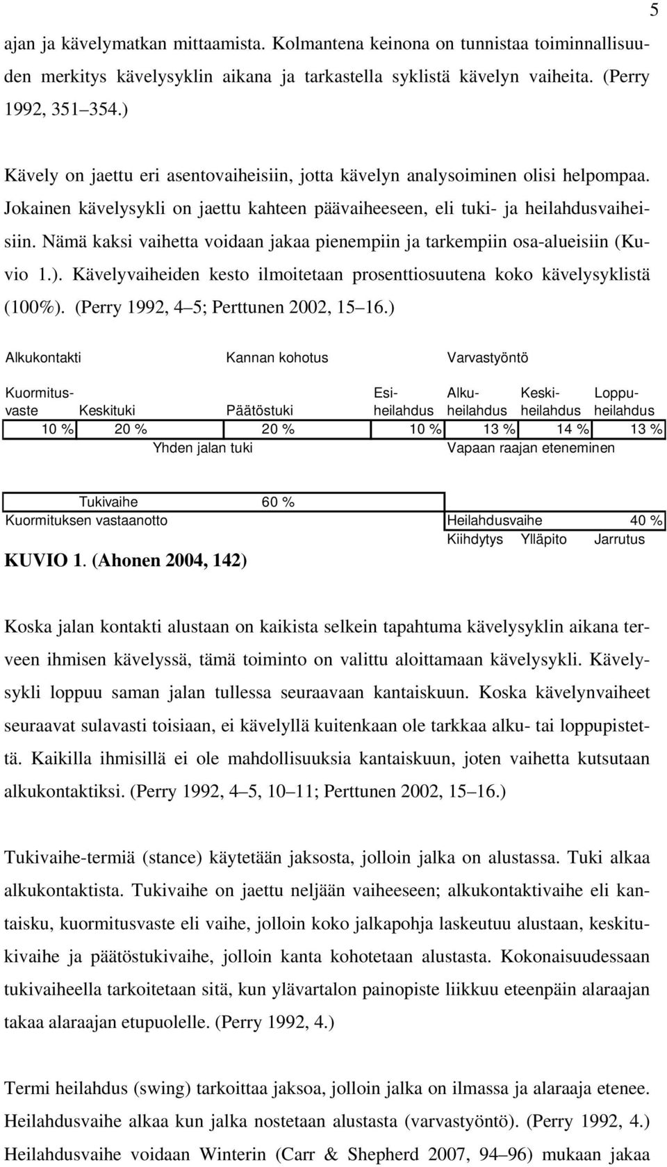 Nämä kaksi vaihetta voidaan jakaa pienempiin ja tarkempiin osa-alueisiin (Kuvio 1.). Kävelyvaiheiden kesto ilmoitetaan prosenttiosuutena koko kävelysyklistä (100%).
