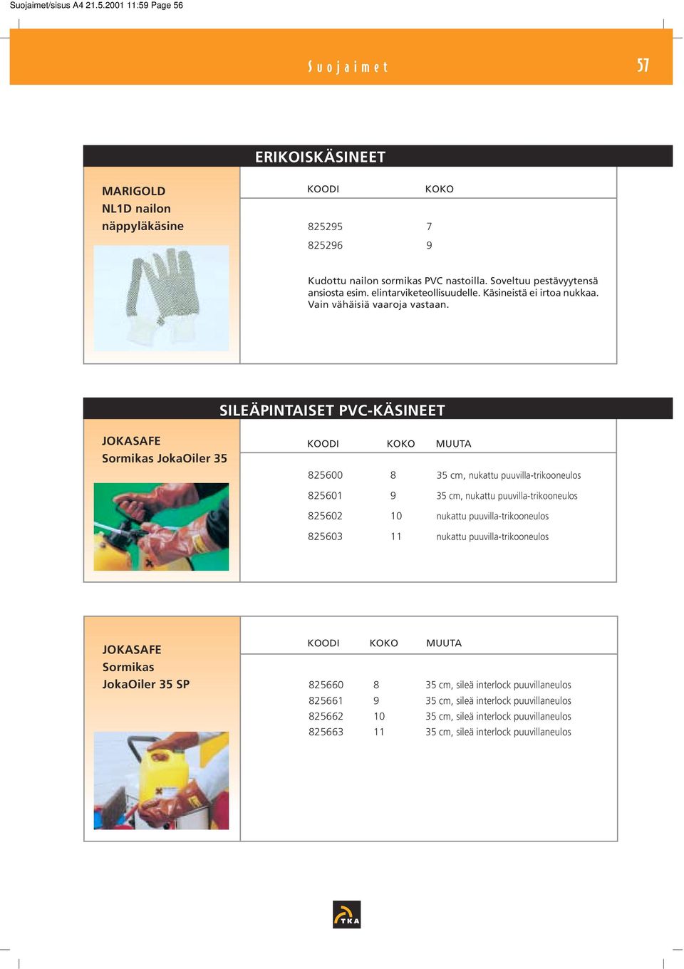 SILEÄPINTAISET PVC-KÄSINEET JOKASAFE Sormikas JokaOiler 35 MUUTA 825600 8 35 cm, nukattu puuvilla-trikooneulos 825601 9 35 cm, nukattu puuvilla-trikooneulos 825602 10 nukattu