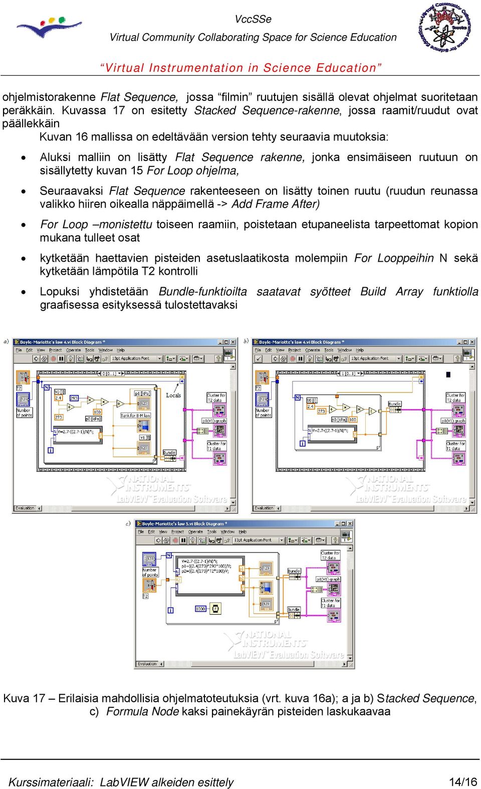 rakenne, jonka ensimäiseen ruutuun on sisällytetty kuvan 15 For Loop ohjelma, Seuraavaksi Flat Sequence rakenteeseen on lisätty toinen ruutu (ruudun reunassa valikko hiiren oikealla näppäimellä ->