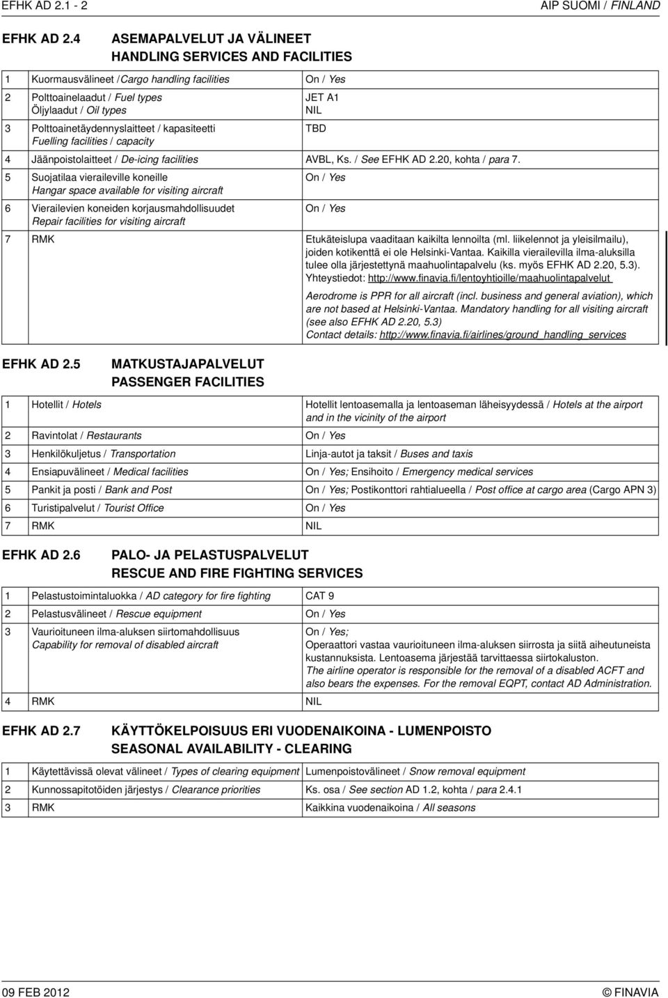 Polttoainetäydennyslaitteet / kapasiteetti Fuelling facilities / capacity JET A1 NIL 4 Jäänpoistolaitteet / De-icing facilities AVBL, Ks. / See EFHK AD 2.20, kohta / para 7.