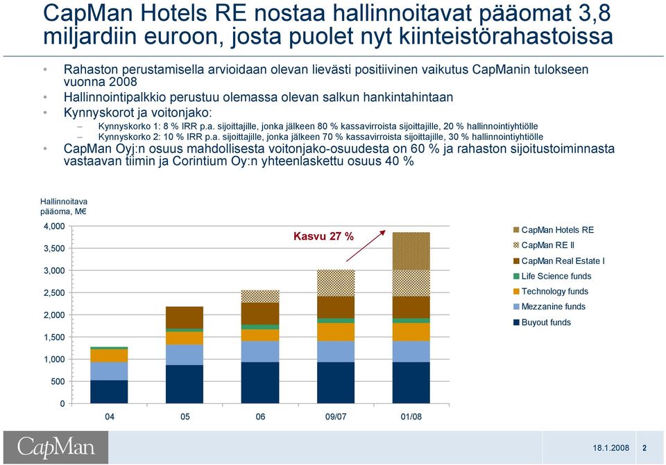 a. sijoittajille, jonka jälkeen 70 % kassavirroista sijoittajille, 30 % hallinnointiyhtiölle CapMan Oyj:n osuus mahdollisesta voitonjako-osuudesta on 60 % ja rahaston sijoitustoiminnasta vastaavan