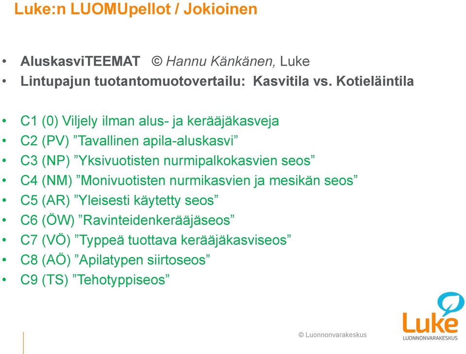 nurmipalkokasvien seos C4 (NM) Monivuotisten nurmikasvien ja mesikän seos C5 (AR) Yleisesti käytetty seos C6 (ÖW)