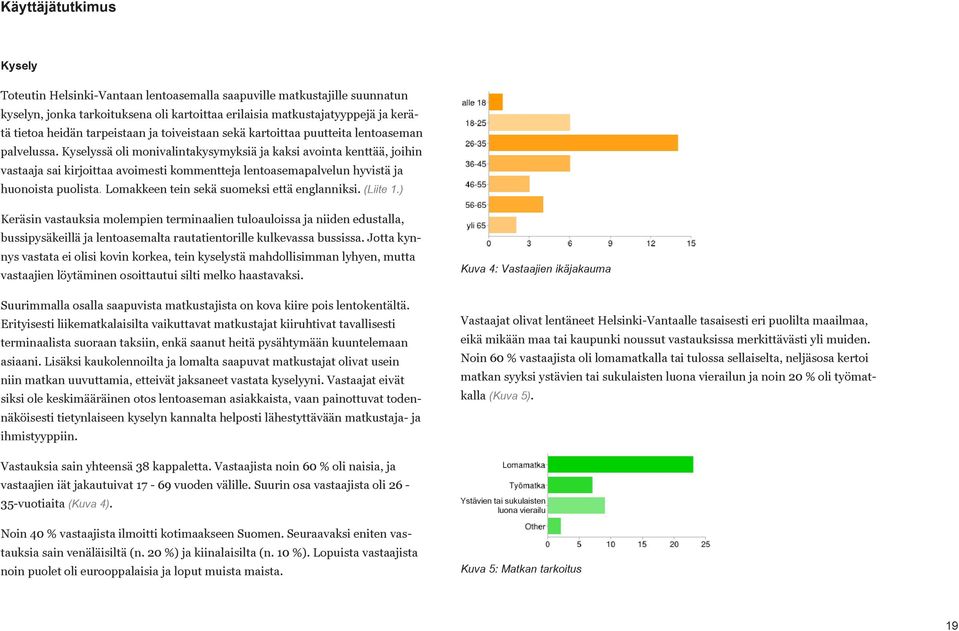 Kyselyssä oli monivalintakysymyksiä ja kaksi avointa kenttää, joihin vastaaja sai kirjoittaa avoimesti kommentteja lentoasemapalvelun hyvistä ja huonoista puolista.