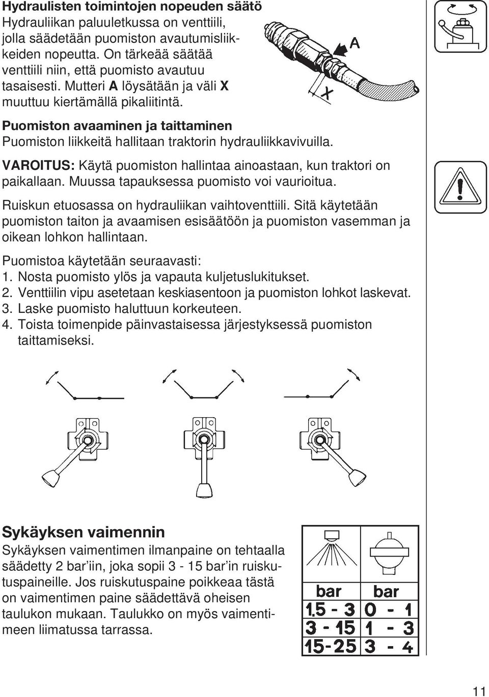 Puomiston avaaminen ja taittaminen Puomiston liikkeitä hallitaan traktorin hydrauliikkavivuilla. VAROITUS: Käytä puomiston hallintaa ainoastaan, kun traktori on paikallaan.