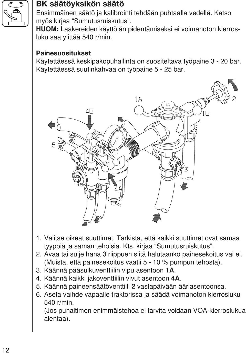 Käytettäessä suutinkahvaa on työpaine 5-25 bar. 1. Valitse oikeat suuttimet. Tarkista, että kaikki suuttimet ovat samaa tyyppiä ja saman tehoisia. Kts. kirjaa Sumutusruiskutus. 2.