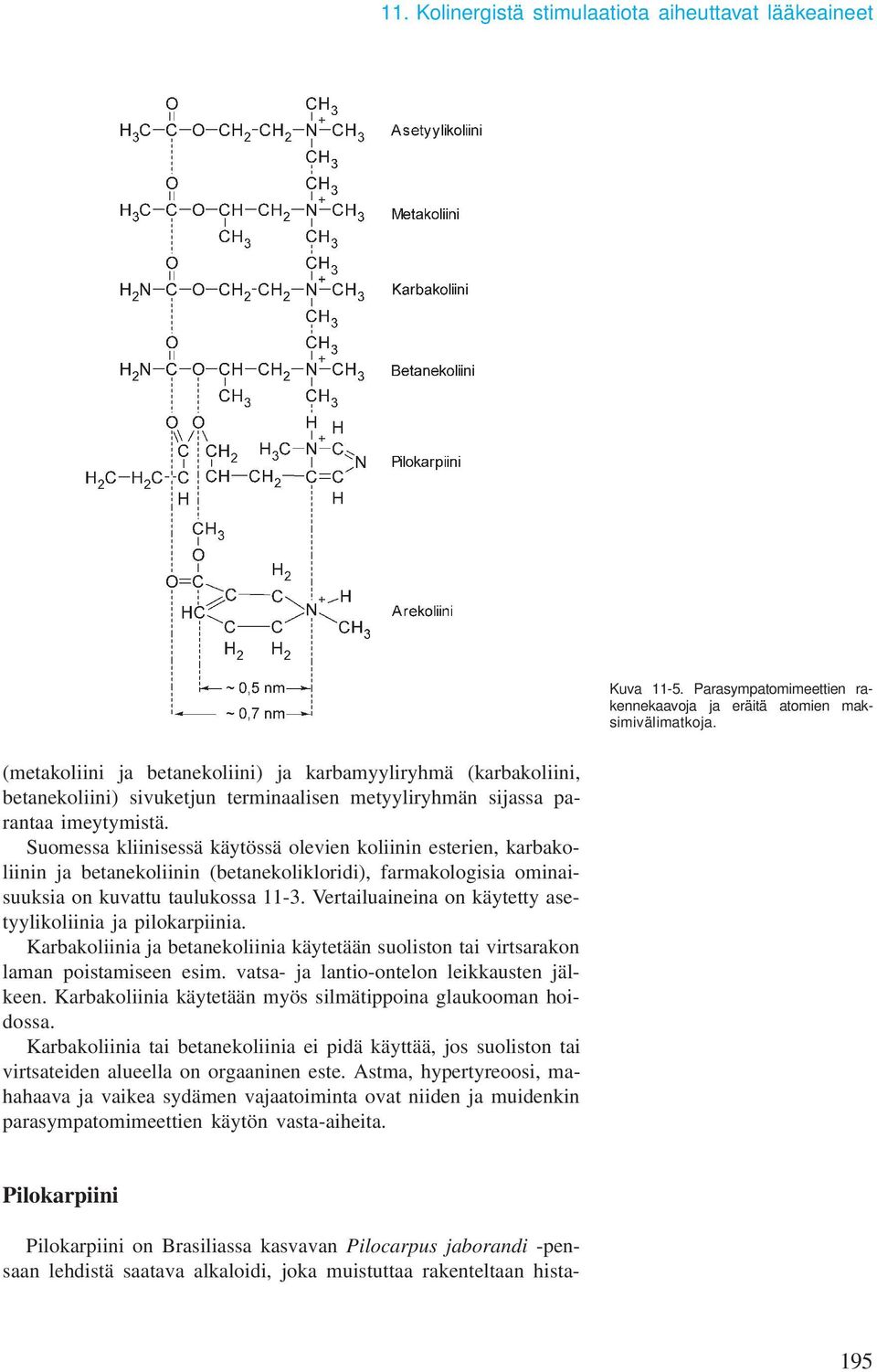 Suomessa kliinisessä käytössä olevien koliinin esterien, karbakoliinin ja betanekoliinin (betanekolikloridi), farmakologisia ominaisuuksia on kuvattu taulukossa 11-3.