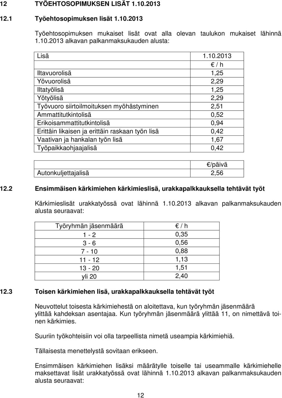 likaisen ja erittäin raskaan työn lisä 0,42 Vaativan ja hankalan työn lisä 1,67 Työpaikkaohjaajalisä 0,42 /päivä Autonkuljettajalisä 2,56 12.