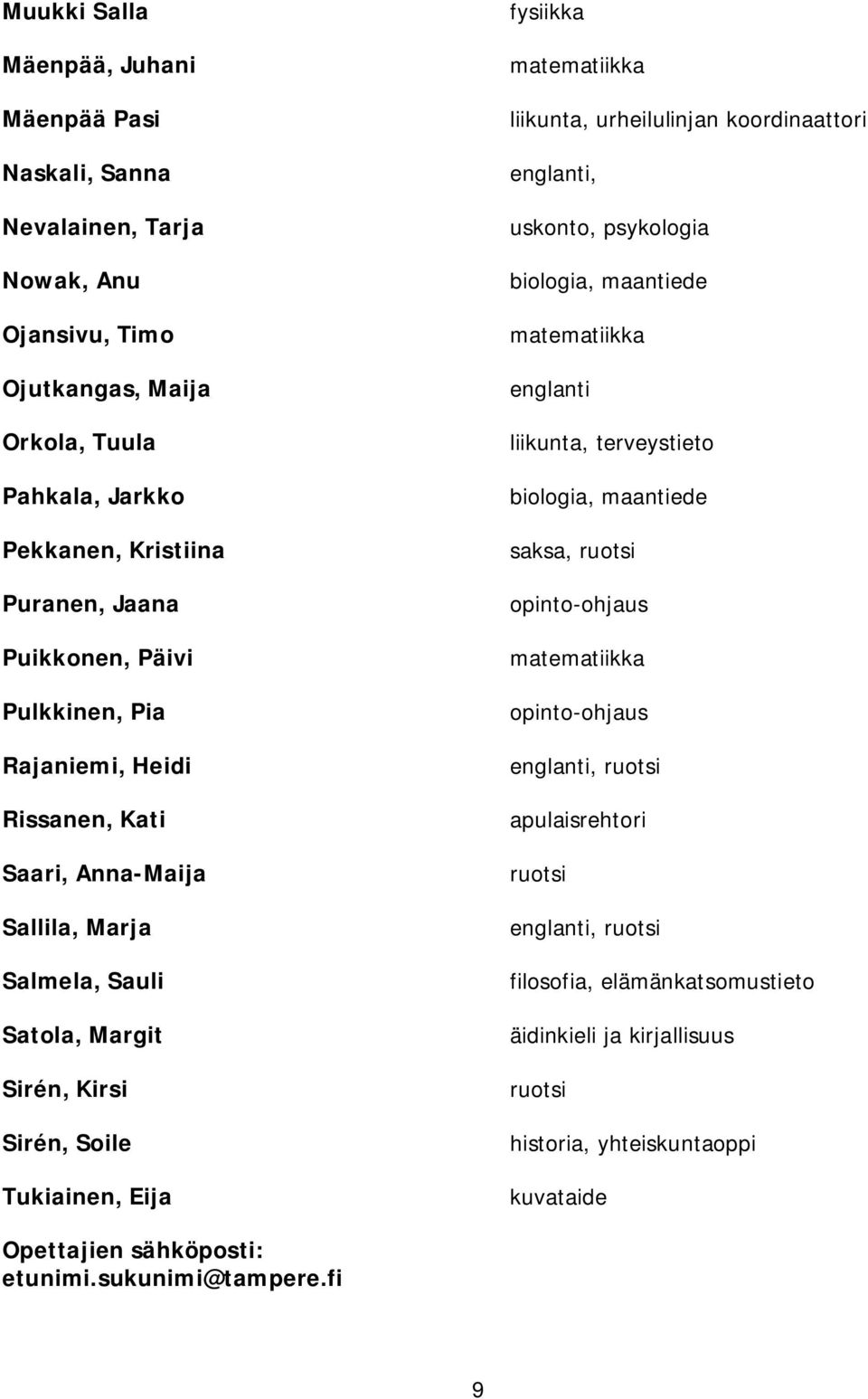 urheilulinjan koordinaattori englanti, uskonto, psykologia biologia, maantiede matematiikka englanti liikunta, terveystieto biologia, maantiede saksa, ruotsi opinto-ohjaus matematiikka opinto-ohjaus