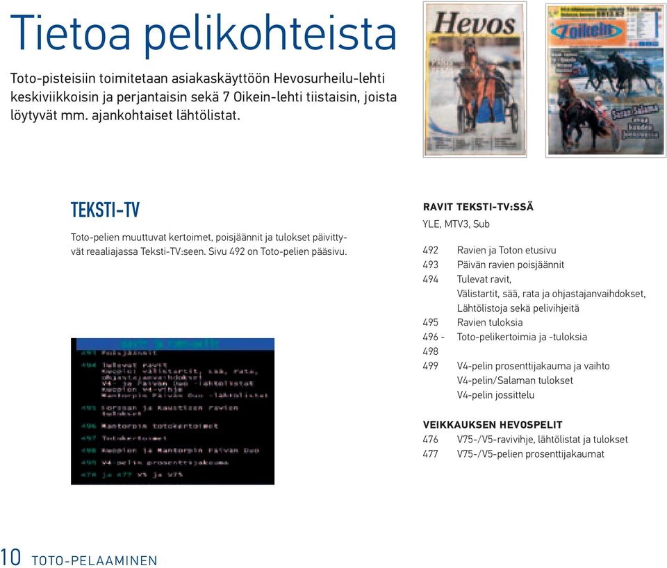 RAVIT TEKSTI-TV:SSÄ YLE, MTV3, Sub 492 Ravien ja Toton etusivu 493 Päivän ravien poisjäännit 494 Tulevat ravit, Välistartit, sää, rata ja ohjastajanvaihdokset, Lähtölistoja sekä pelivihjeitä 495