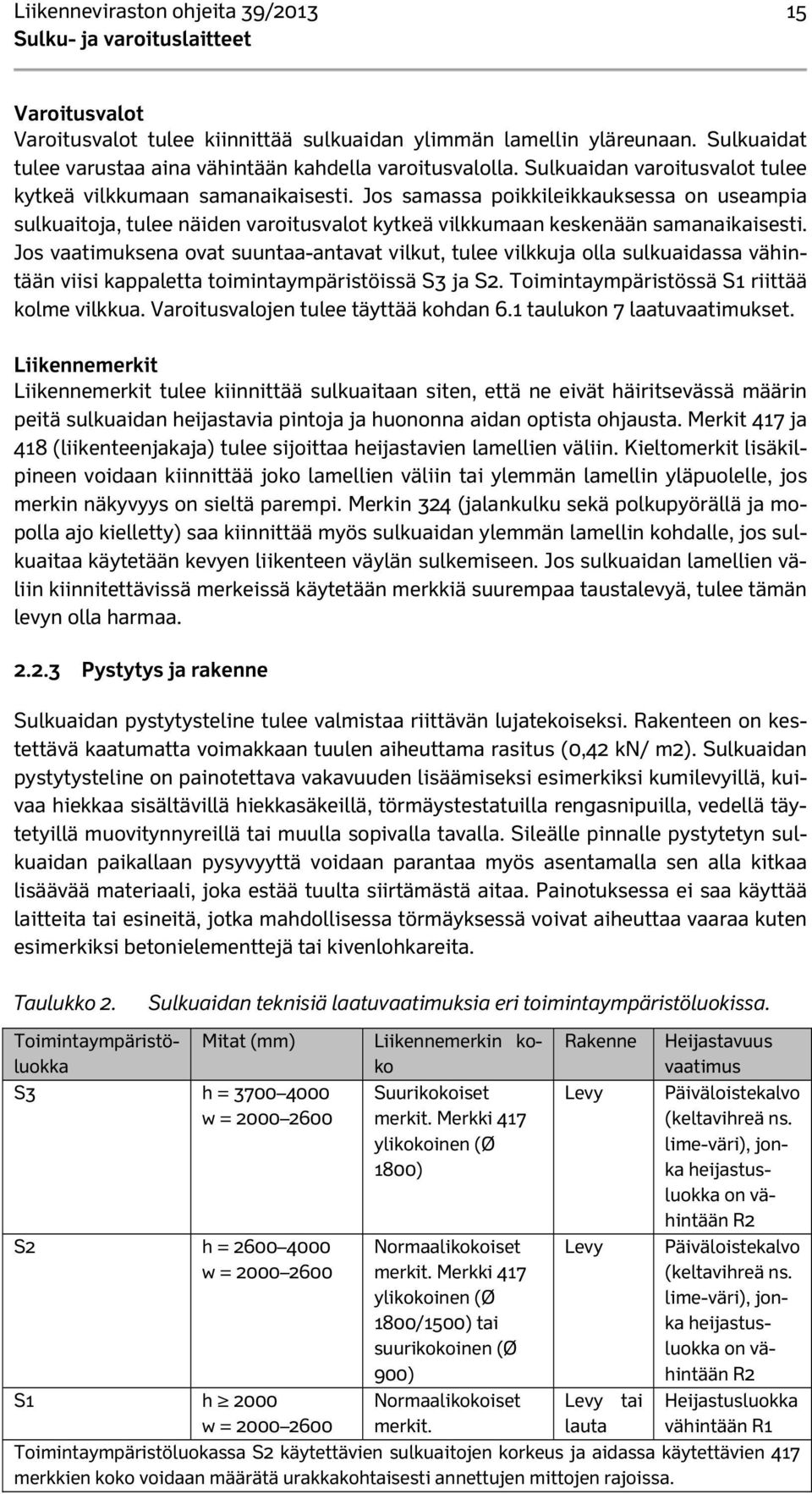 Jos vaatimuksena ovat suuntaa-antavat vilkut, tulee vilkkuja olla sulkuaidassa vähintään viisi kappaletta toimintaympäristöissä S3 ja S2. Toimintaympäristössä S1 riittää kolme vilkkua.