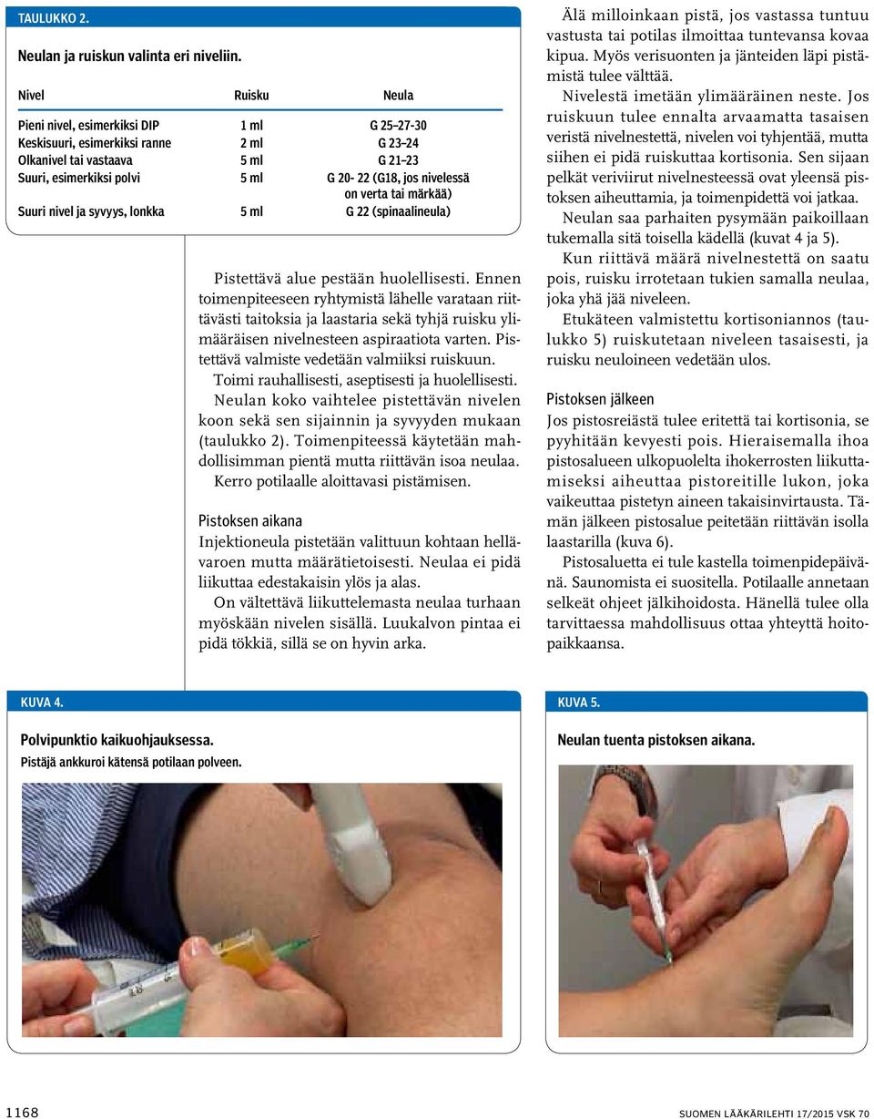 nivelessä on verta tai märkää) Suuri nivel ja syvyys, lonkka 5 ml G 22 (spinaalineula) Pistettävä alue pestään huolellisesti.