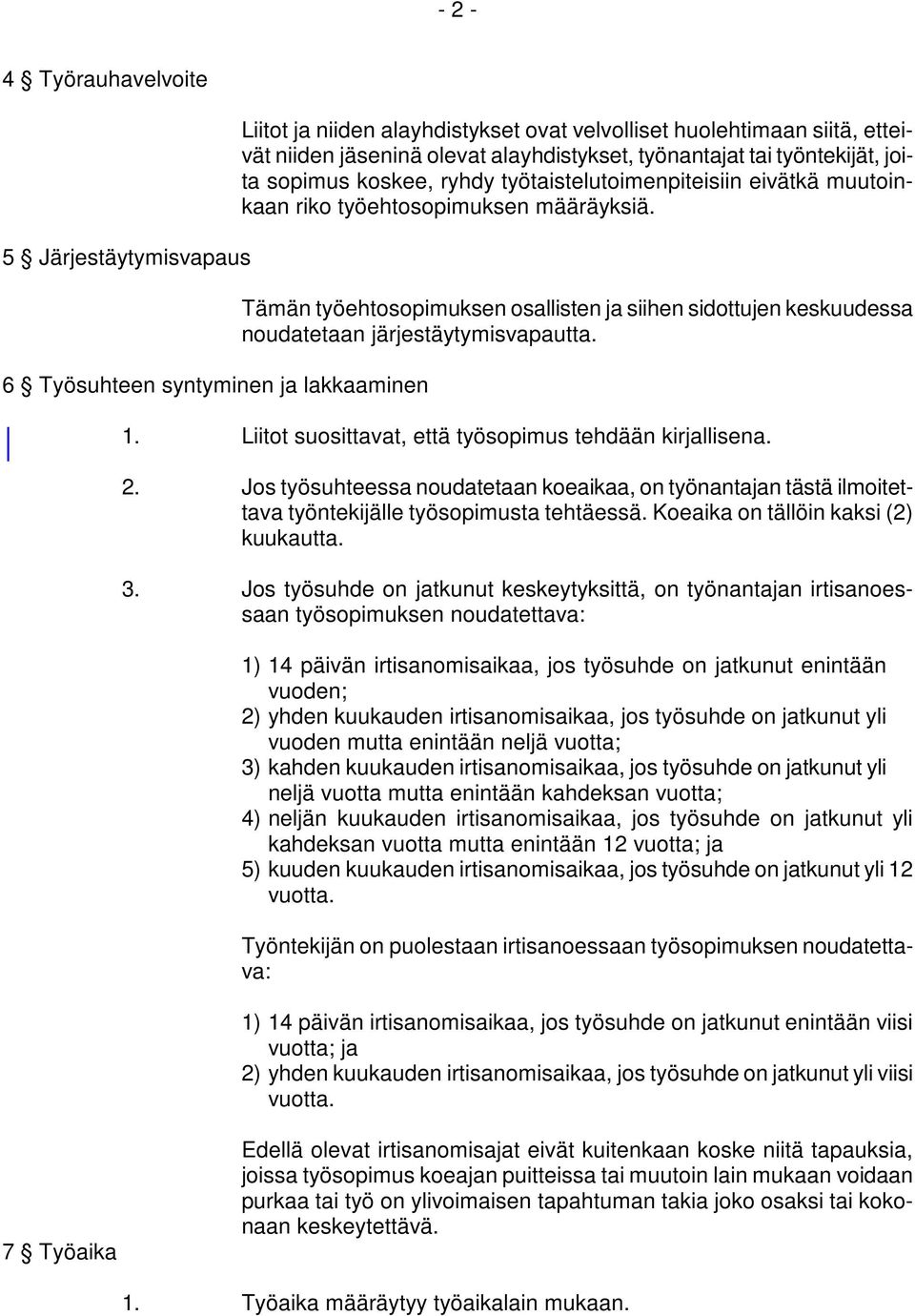 Tämän työehtosopimuksen osallisten ja siihen sidottujen keskuudessa noudatetaan järjestäytymisvapautta. 1. Liitot suosittavat, että työsopimus tehdään kirjallisena. 2.