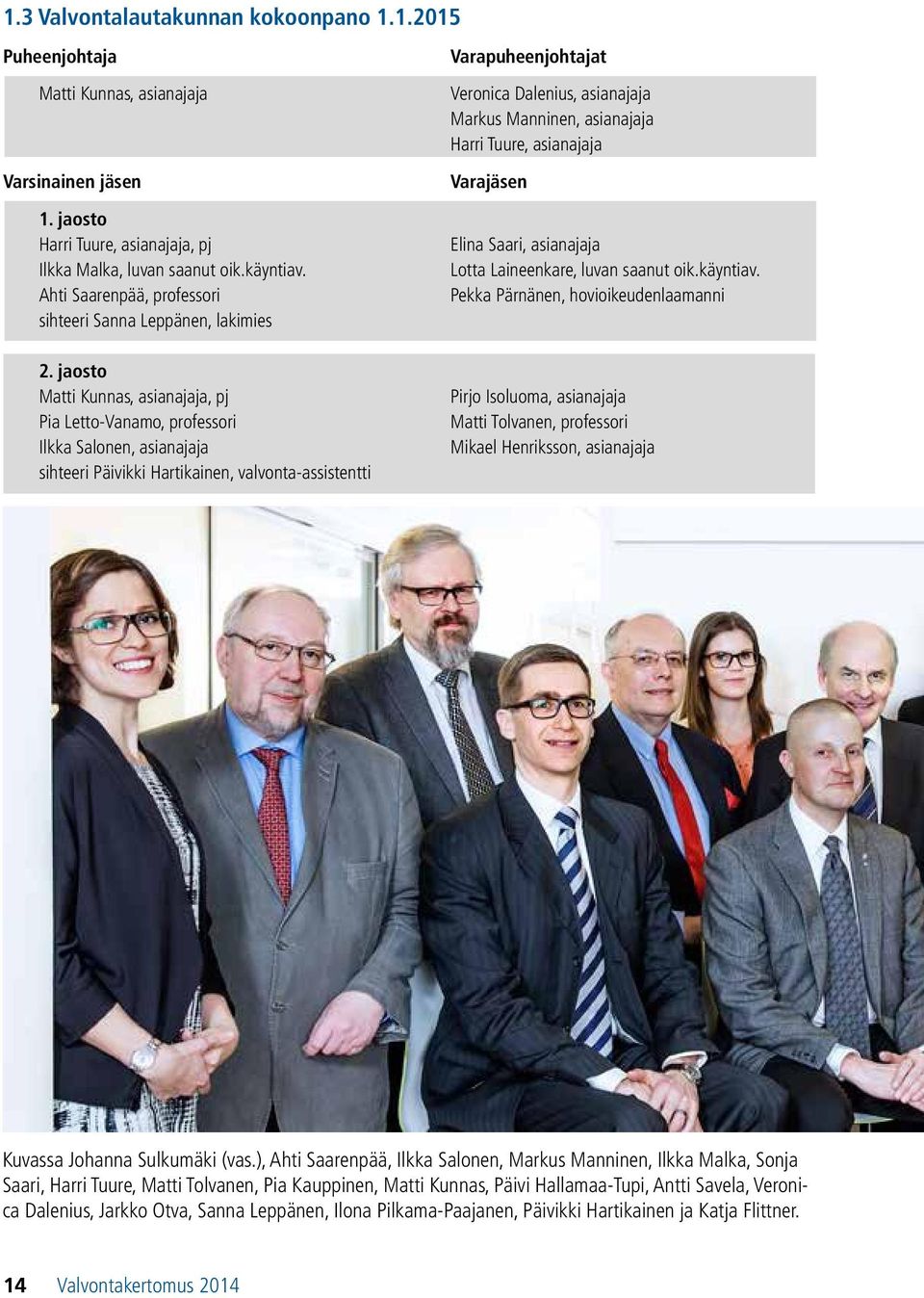 jaosto Matti Kunnas, asianajaja, pj Pia Letto-Vanamo, professori Ilkka Salonen, asianajaja sihteeri Päivikki Hartikainen, valvonta-assistentti Varapuheenjohtajat Veronica Dalenius, asianajaja Markus