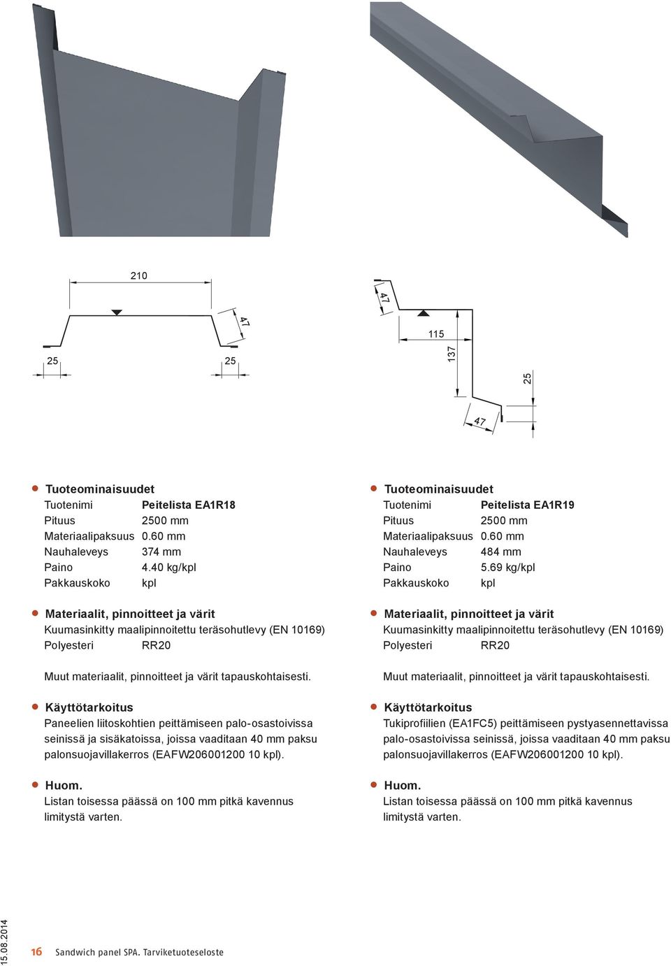 (EAFW206001200 10 kpl). Listan toisessa päässä on 100 mm pitkä kavennus limitystä varten. Tuotenimi Peitelista EA1R19 2500 mm Nauhaleveys 484 mm 5.