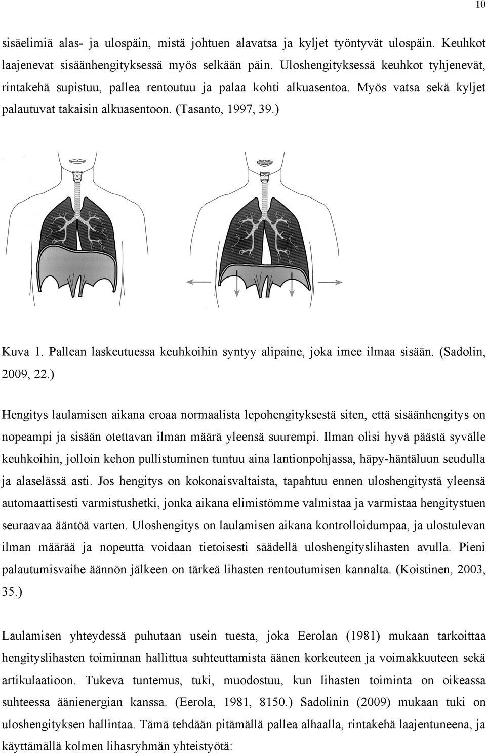 Pallean laskeutuessa keuhkoihin syntyy alipaine, joka imee ilmaa sisään. (Sadolin, 2009, 22.