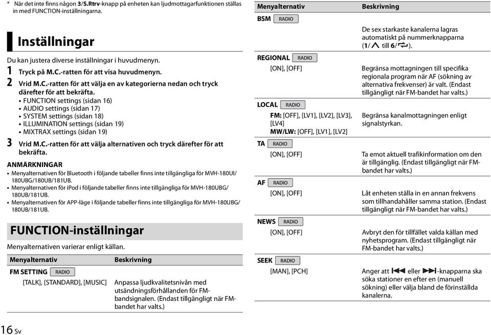 FUNCTION settings (sidan 16) AUDIO settings (sidan 17) SYSTEM settings (sidan 18) ILLUMINATION settings (sidan 19) MIXTRAX settings (sidan 19) 3 Vrid M.C.-ratten för att välja alternativen och tryck därefter för att bekräfta.