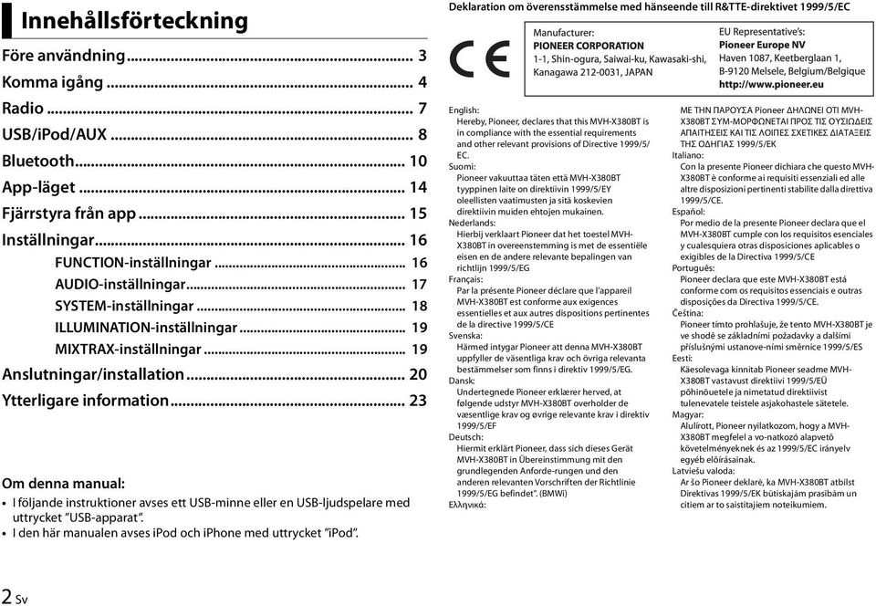 .. 19 Anslutningar/installation... 20 Ytterligare information... 23 Om denna manual: I följande instruktioner avses ett USB-minne eller en USB-ljudspelare med uttrycket USB-apparat.