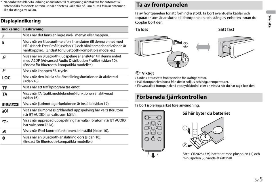 Visas när en Bluetooth-telefon är ansluten till denna enhet med HFP (Hands Free Profile) (sidan 10) och blinkar medan telefonen är väntkopplad. (Endast för Bluetooth-kompatibla modeller.