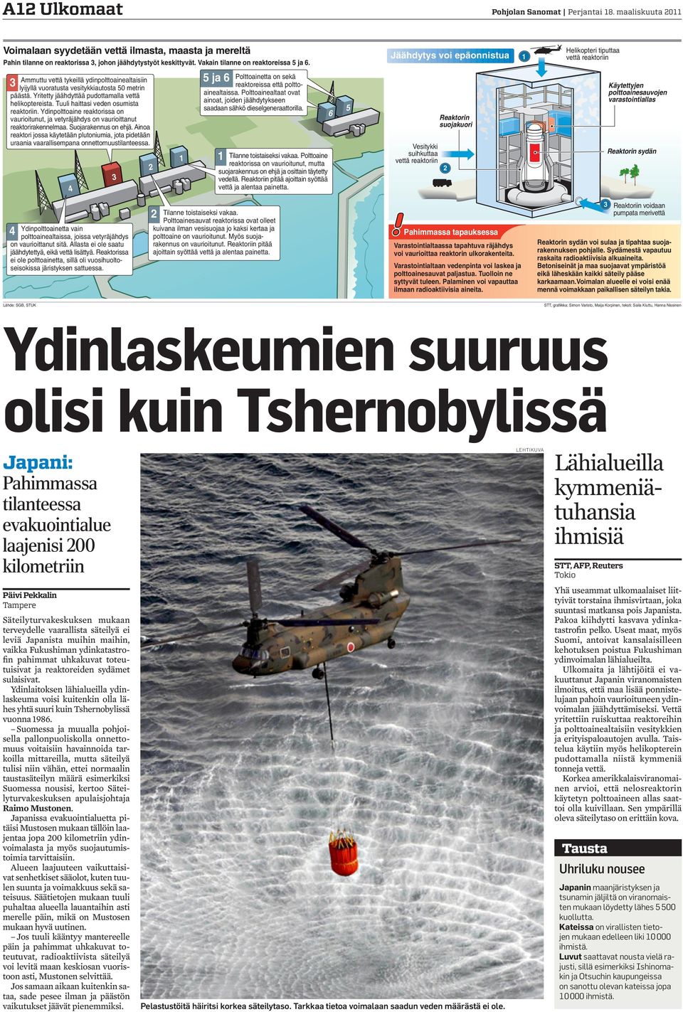 Jäähdytys voi epäonnistua Helikopteri tiputtaa vettä reaktoriin 3 Ammuttu vettä tykeillä ydinpolttoainealtaisiin lyijyllä vuoratusta vesitykkiautosta 50 metrin päästä.