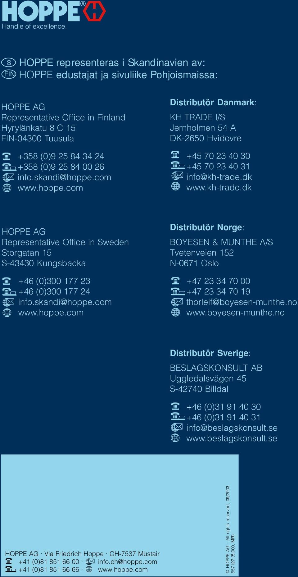 dk www.kh-trade.dk HOPPE AG Representative Office in Sweden Storgatan 15 S-43430 Kungsbacka +46 (0)300 177 23 +46 (0)300 177 24 info.skandi@hoppe.