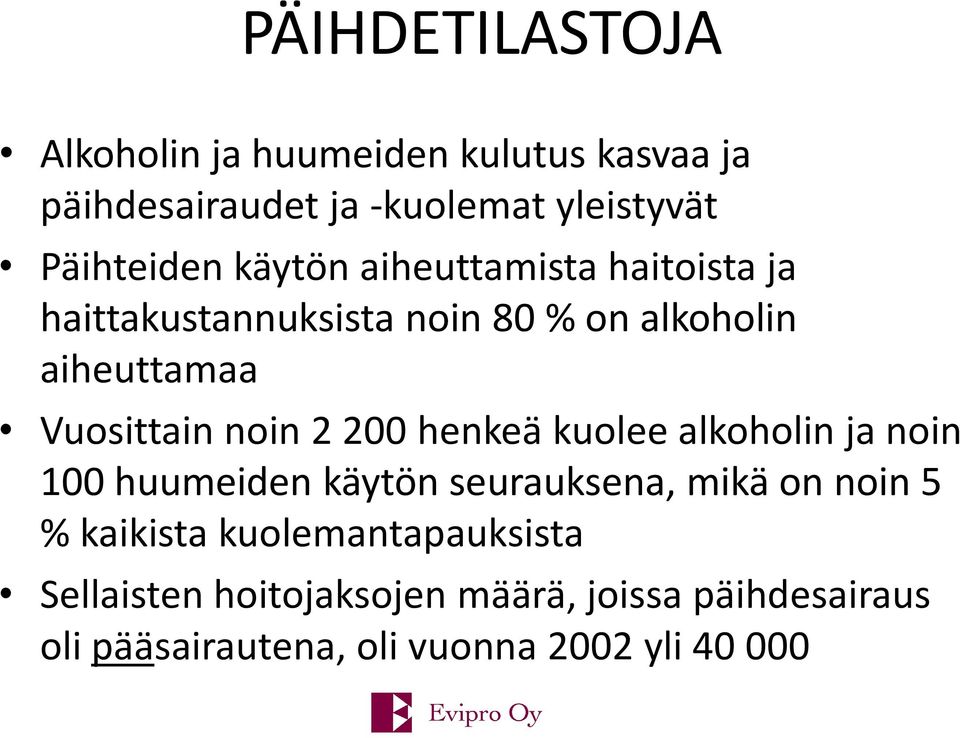 200 henkeä kuolee alkoholin ja noin 100 huumeiden käytön seurauksena, mikä on noin 5 % kaikista