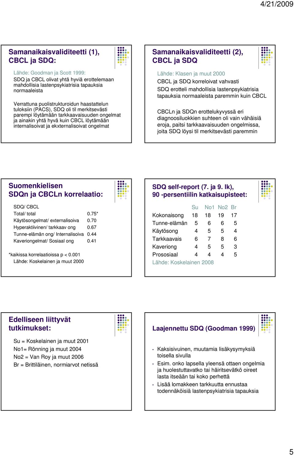 Samanaikaisvaliditeetti (2), CBCL ja SDQ Lähde: Klasen ja muut 2000 CBCL ja SDQ korreloivat vahvasti SDQ erotteli mahdollisia lastenpsykiatrisia tapauksia normaaleista paremmin kuin CBCL CBCLn ja