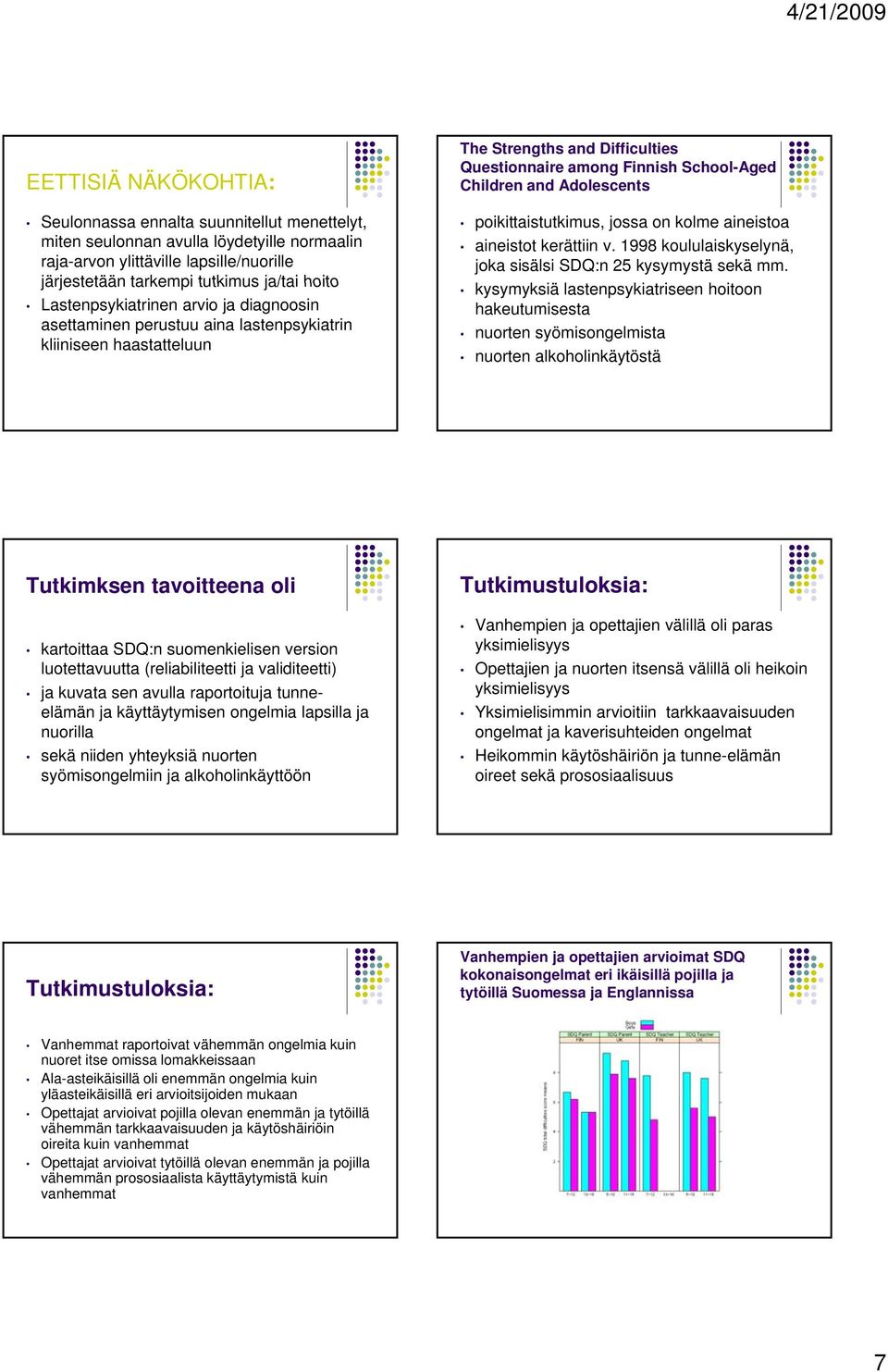 Adolescents poikittaistutkimus, jossa on kolme aineistoa aineistot kerättiin v. 1998 koululaiskyselynä, joka sisälsi SDQ:n 25 kysymystä sekä mm.