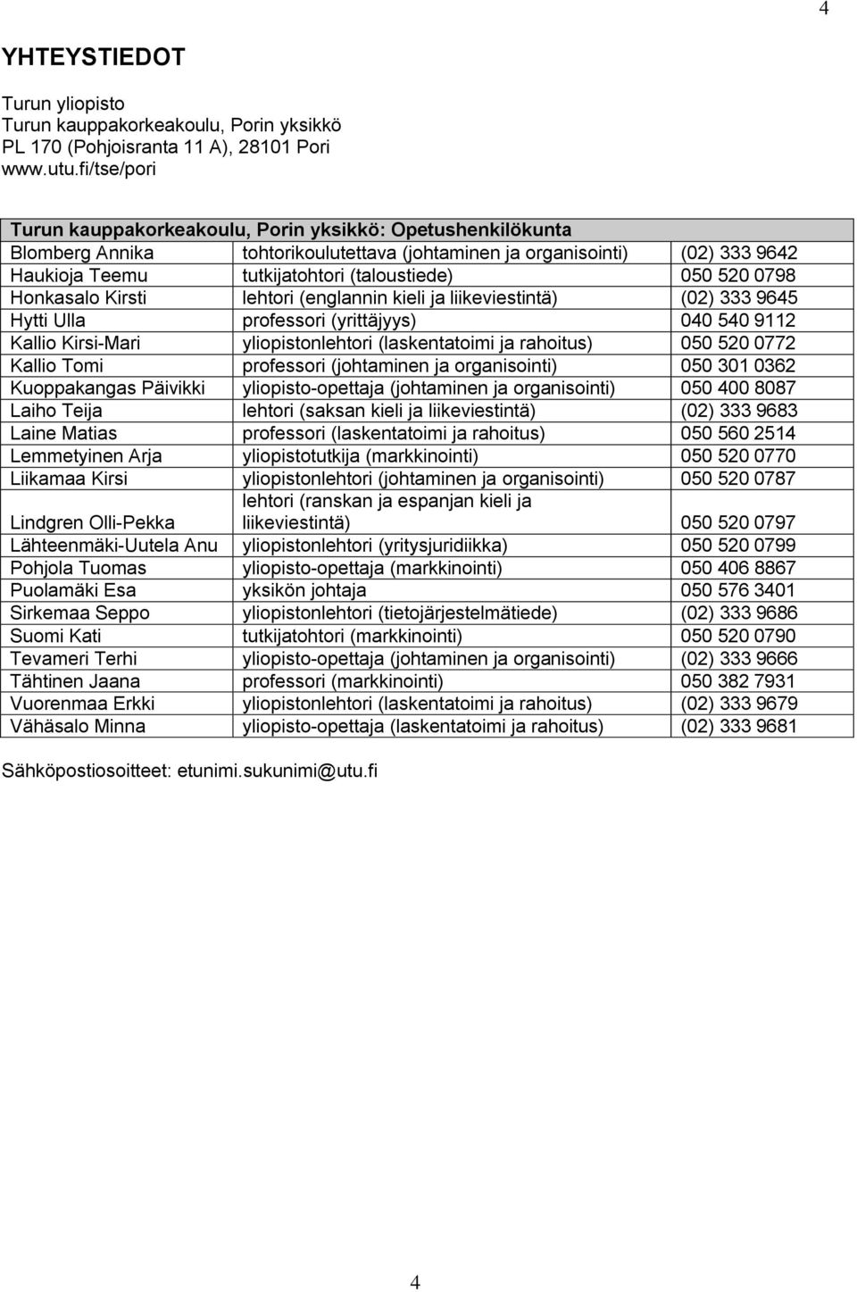 520 0798 Honkasalo Kirsti lehtori (englannin kieli ja liikeviestintä) (02) 333 9645 Hytti Ulla professori (yrittäjyys) 040 540 9112 Kallio Kirsi-Mari yliopistonlehtori (laskentatoimi ja rahoitus) 050