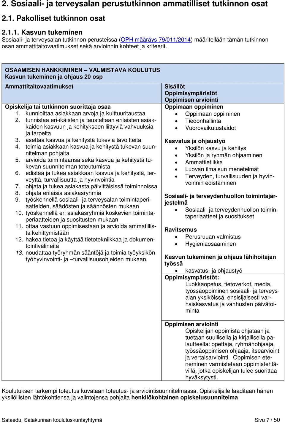 1. Kasvun tukeminen Sosiaali- ja terveysalan tutkinnon perusteissa (OPH määräys 79/011/2014) määritellään tämän tutkinnon osan ammattitaitovaatimukset sekä arvioinnin kohteet ja kriteerit.