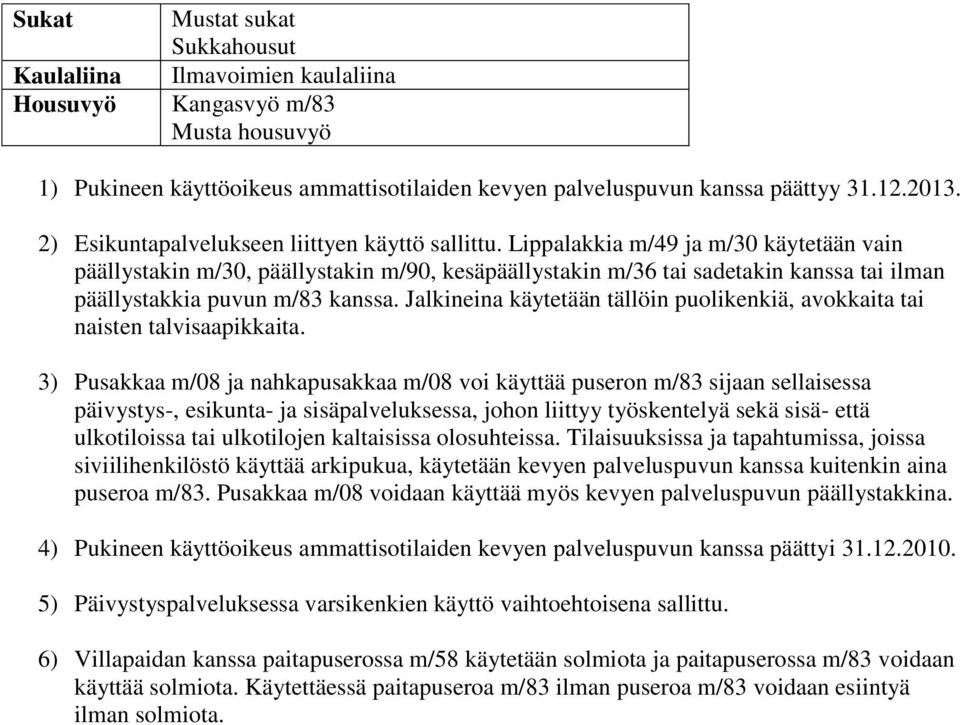 Lippalakkia m/49 ja m/30 käytetään vain päällystakin m/30, päällystakin m/90, kesäpäällystakin m/36 tai sadetakin kanssa tai ilman päällystakkia puvun m/83 kanssa.