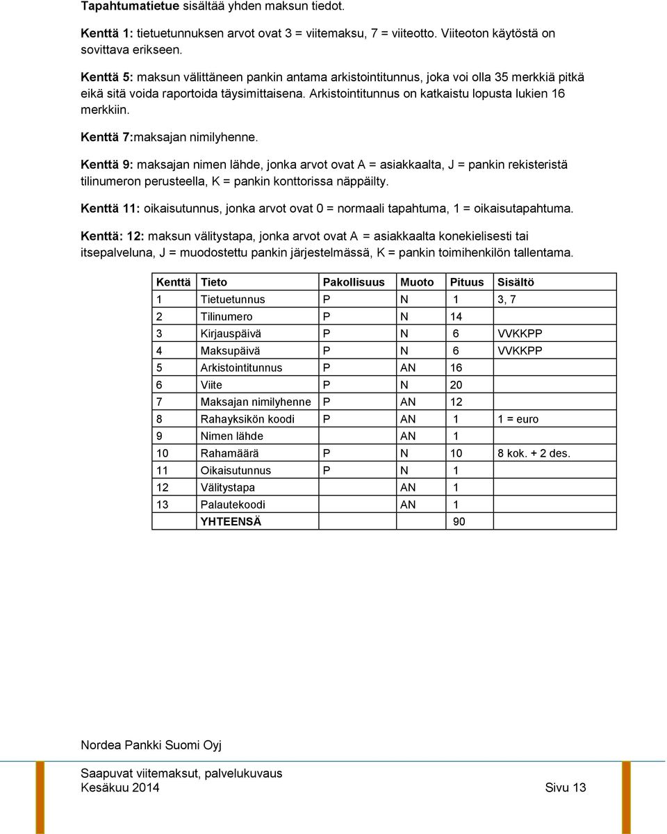 Kenttä 7:maksajan nimilyhenne. Kenttä 9: maksajan nimen lähde, jonka arvot ovat A = asiakkaalta, J = pankin rekisteristä tilinumeron perusteella, K = pankin konttorissa näppäilty.