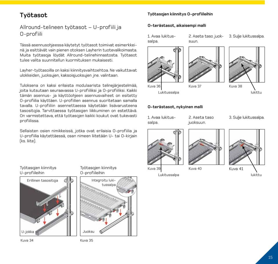 Ne vaikuttavat ulokkeiden, juoksujen, kaksoisjuoksujen jne. valintaan. Työtasojen kiinnitys O-profiileihin O-terästasot, aikaisempi malli 1. Avaa lukitussalpa. 2. Aseta taso juoksuun. 3.