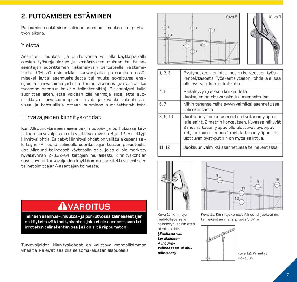 esimerkiksi turvavaljaita putoamisen estämiseksi ja/tai asennuskaidetta tai muuta soveltuvaa ensisijaista turvatoimenpidettä (esim. asennus jaksoissa tai työtason asennus kaikkiin telinetasoihin).