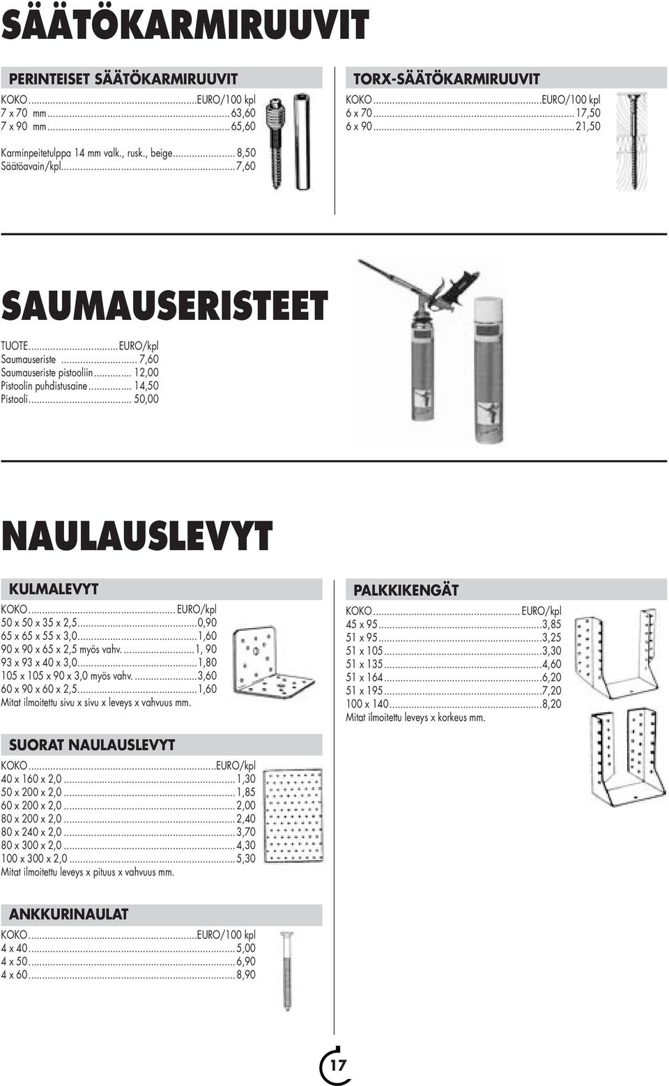 .. EURO/kpl 50 x 50 x 35 x 2,5...0,90 65 x 65 x 55 x 3,0...1,60 90 x 90 x 65 x 2,5 myös vahv....1, 90 93 x 93 x 40 x 3,0...1,80 105 x 105 x 90 x 3,0 myös vahv....3,60 60 x 90 x 60 x 2,5.