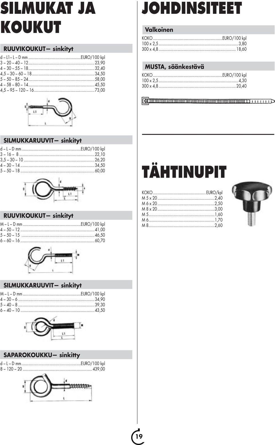 .. 26,20 4 30 14... 34,50 5 50 18... 60,00 RUUVIKOUKUT sinkityt M L D mm...euro/100 kpl 4 50 12... 41,00 5 50 15... 46,50 6 60 16... 60,70 TÄHTINUPIT KOKO... EURO/kpl M 5 x 20...2,40 M 6 x 20.