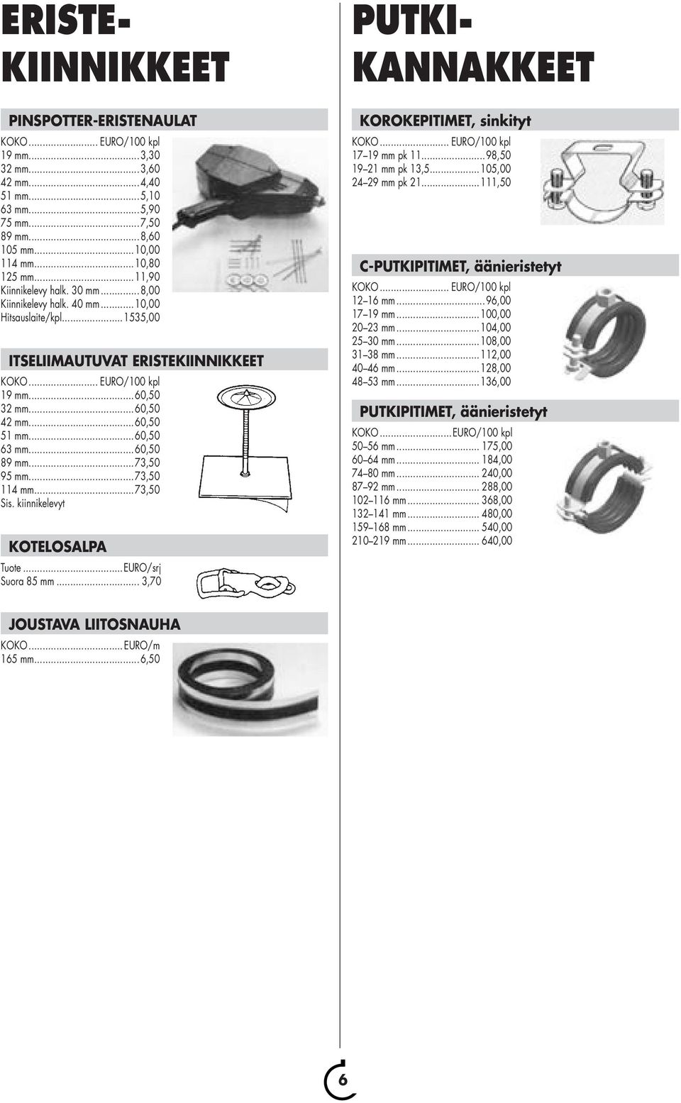 ..60,50 51 mm...60,50 63 mm...60,50 89 mm...73,50 95 mm...73,50 114 mm...73,50 Sis. kiinnikelevyt KOTELOSALPA Tuote...EURO/srj Suora 85 mm... 3,70 PUTKI- KANNAKKEET KOROKEPITIMET, sinkityt KOKO.