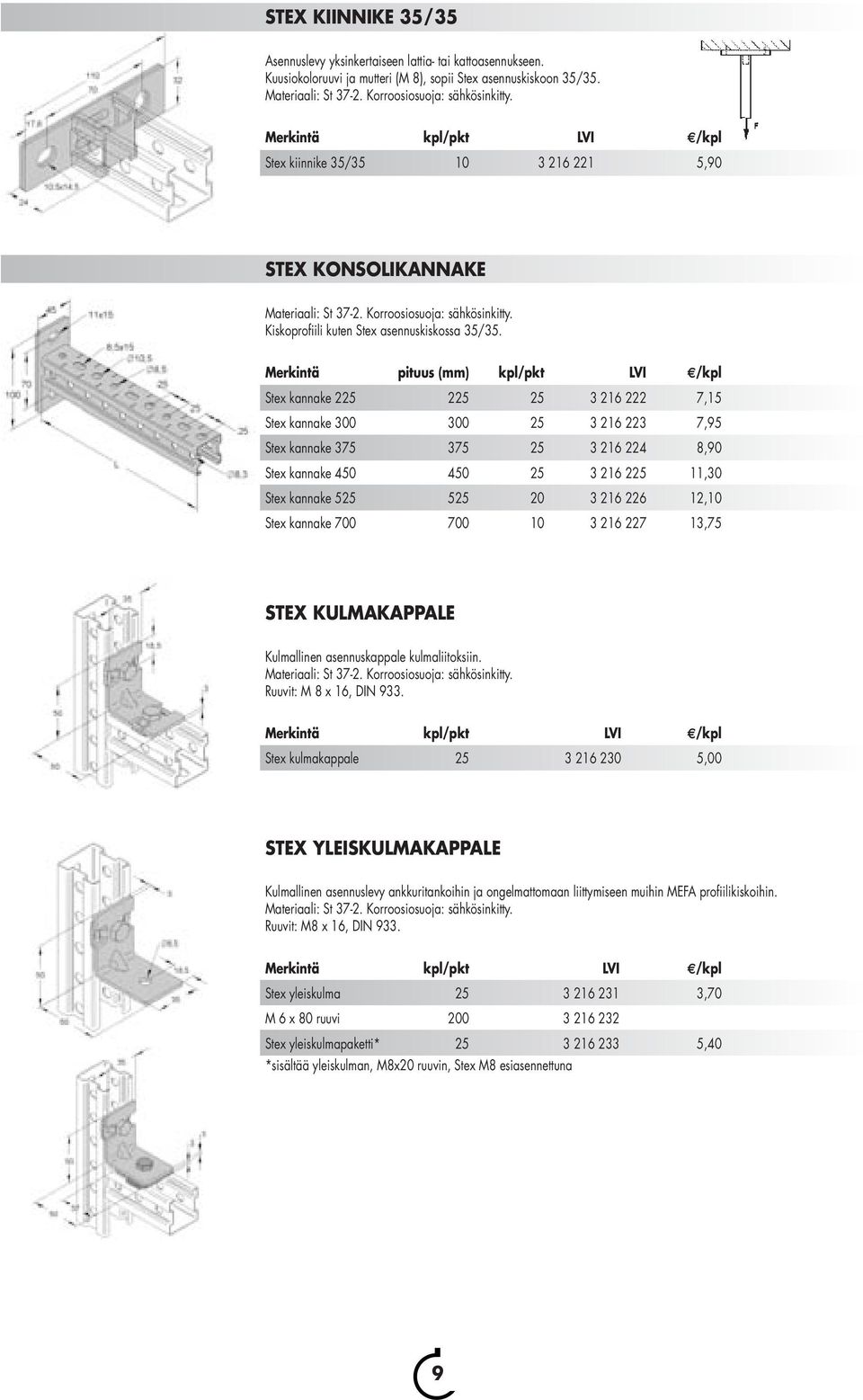 Merkintä pituus (mm) kpl/pkt LVI /kpl Stex kannake 225 225 25 3 216 222 7,15 Stex kannake 300 300 25 3 216 223 7,95 Stex kannake 375 375 25 3 216 224 8,90 Stex kannake 450 450 25 3 216 225 11,30 Stex