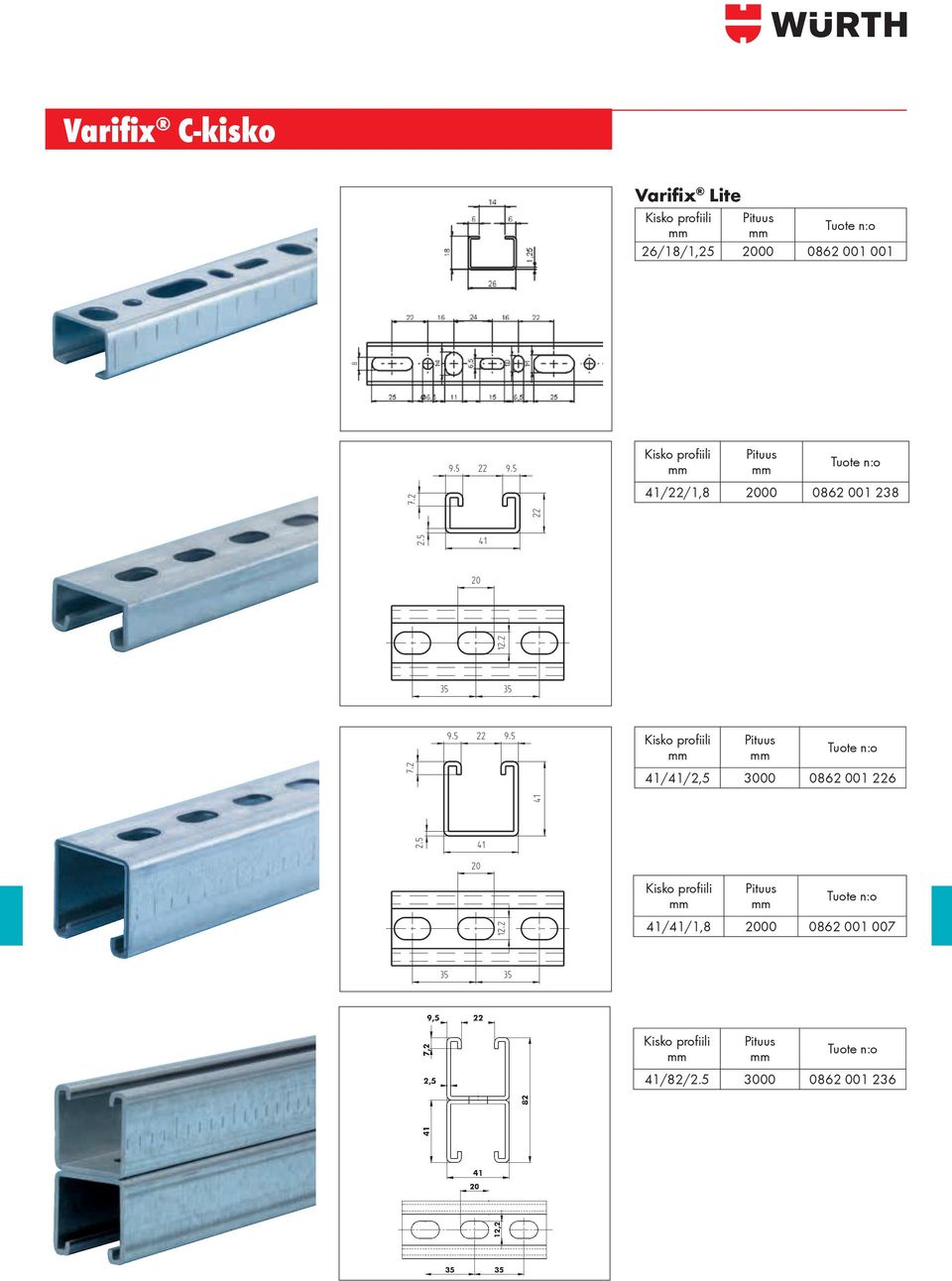 profiili Pituus 41/41/2,5 3000 0862 001 226 Kisko profiili Pituus