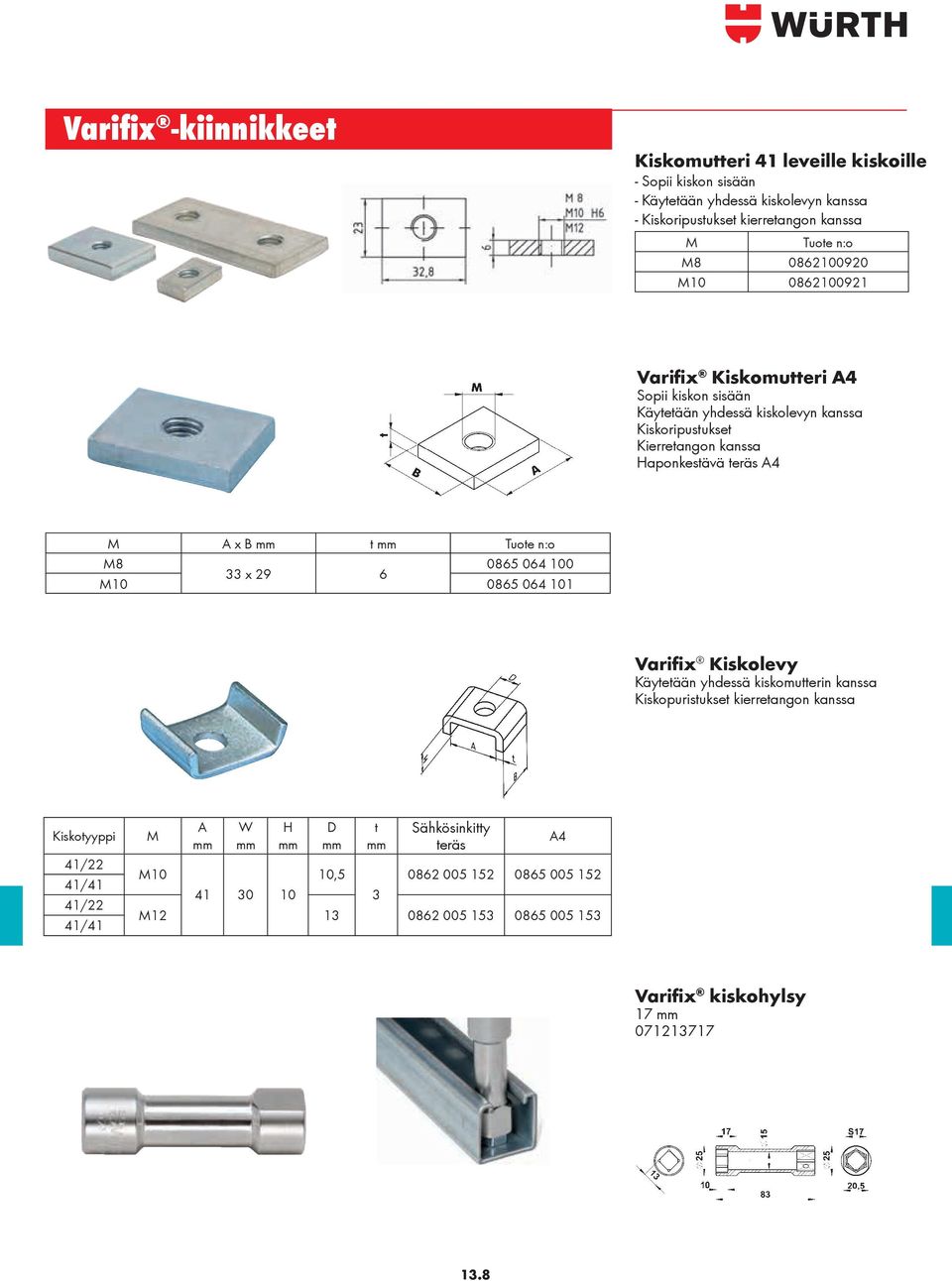 M A x B t M8 0865 064 100 33 x 29 6 M10 0865 064 101 Varifix Kiskolevy Käytetään yhdessä kiskomutterin kanssa Kiskopuristukset kierretangon kanssa Kiskotyyppi 41/22