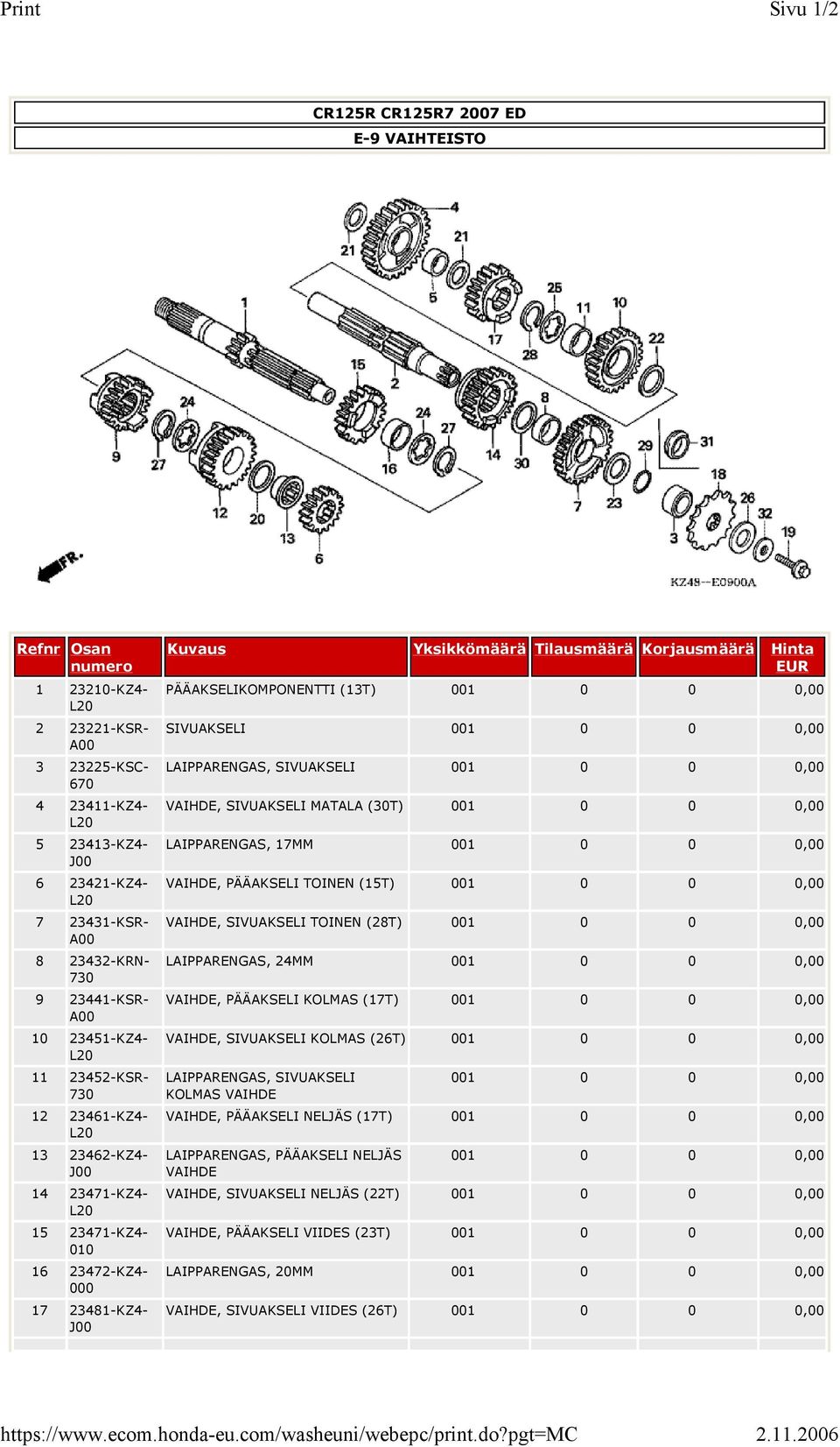 MATALA (30T) LAIPPARENGAS, 17MM VAIHDE, PÄÄAKSELI TOINEN (15T) VAIHDE, SIVUAKSELI TOINEN (28T) LAIPPARENGAS, 24MM VAIHDE, PÄÄAKSELI KOLMAS (17T) VAIHDE, SIVUAKSELI KOLMAS (26T) LAIPPARENGAS,